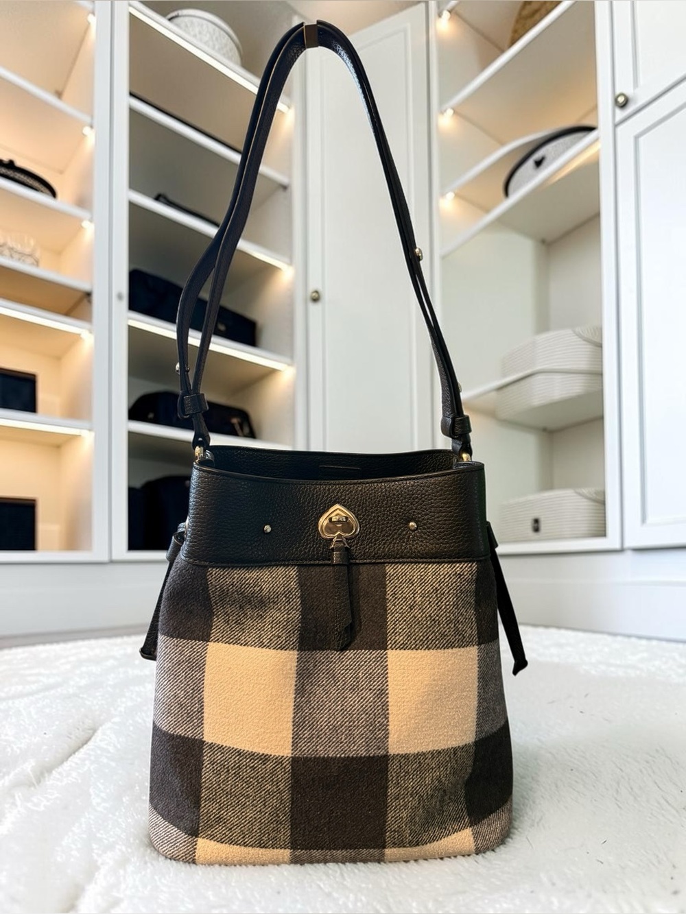 Kate Spade Marti Large Bucket Bag in Buffalo Plaid Black & Cream